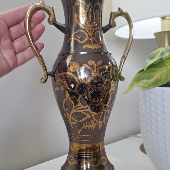 Vintage 12" Brass Vase Large w Handles ornate etched 2 tone black trophy style - Picture 2 of 3